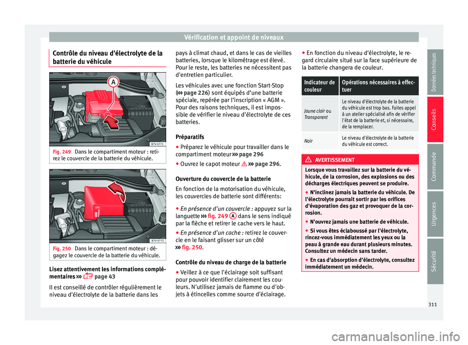 Seat Alhambra 2018 Manuel du propriétaire (in French) Vérification et appoint de niveaux
Contrôle du niveau d'électrolyte de la
b att
erie du
véhiculeFig. 249
Dans le compartiment moteur : reti-
r ez
l
e couvercle de la batterie du véhicule. Seat Alhambra 2018 Manuel du propriétaire (in French) Vérification et appoint de niveaux
Contrôle du niveau d'électrolyte de la
b att
erie du
véhiculeFig. 249
Dans le compartiment moteur : reti-
r ez
l
e couvercle de la batterie du véhicule.