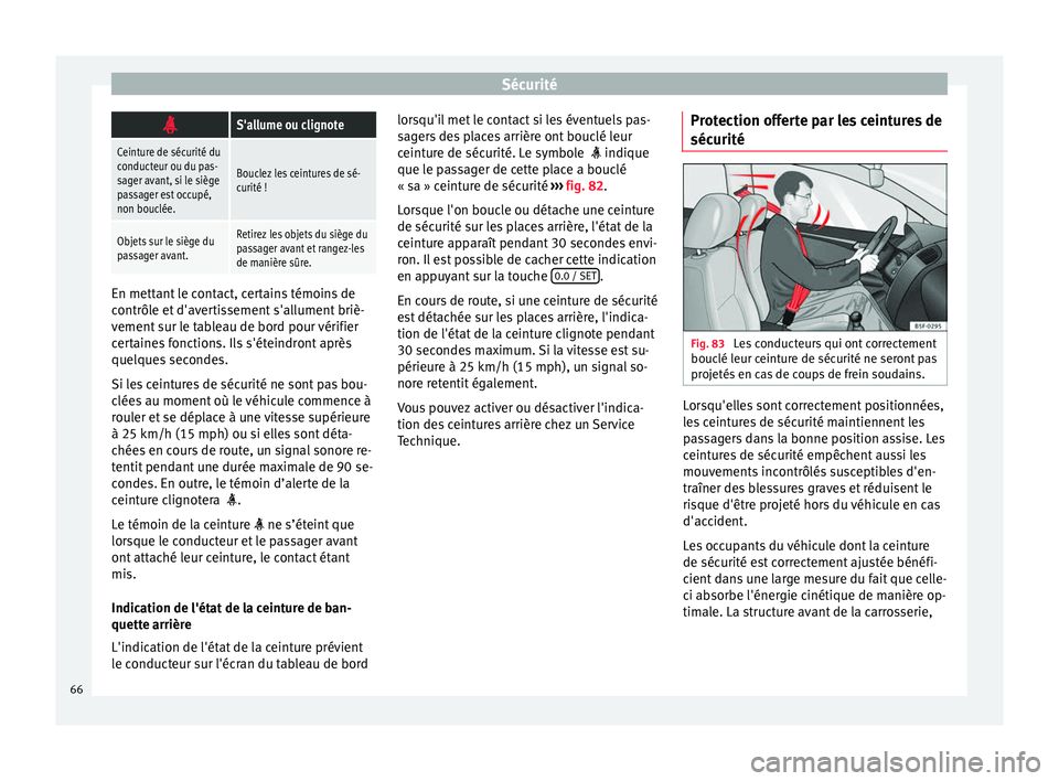 Seat Alhambra 2018 Manuel du propriétaire (in French) Sécurité
S'allume ou clignote
Ceinture de sécurité du
conducteur ou du pas-
sager avant, si le siège
passager est occupé,
non bouclée.
Bouclez les ceintures de sé-
curité !
Objets sur Seat Alhambra 2018 Manuel du propriétaire (in French) Sécurité
S'allume ou clignote
Ceinture de sécurité du
conducteur ou du pas-
sager avant, si le siège
passager est occupé,
non bouclée.
Bouclez les ceintures de sé-
curité !
Objets sur