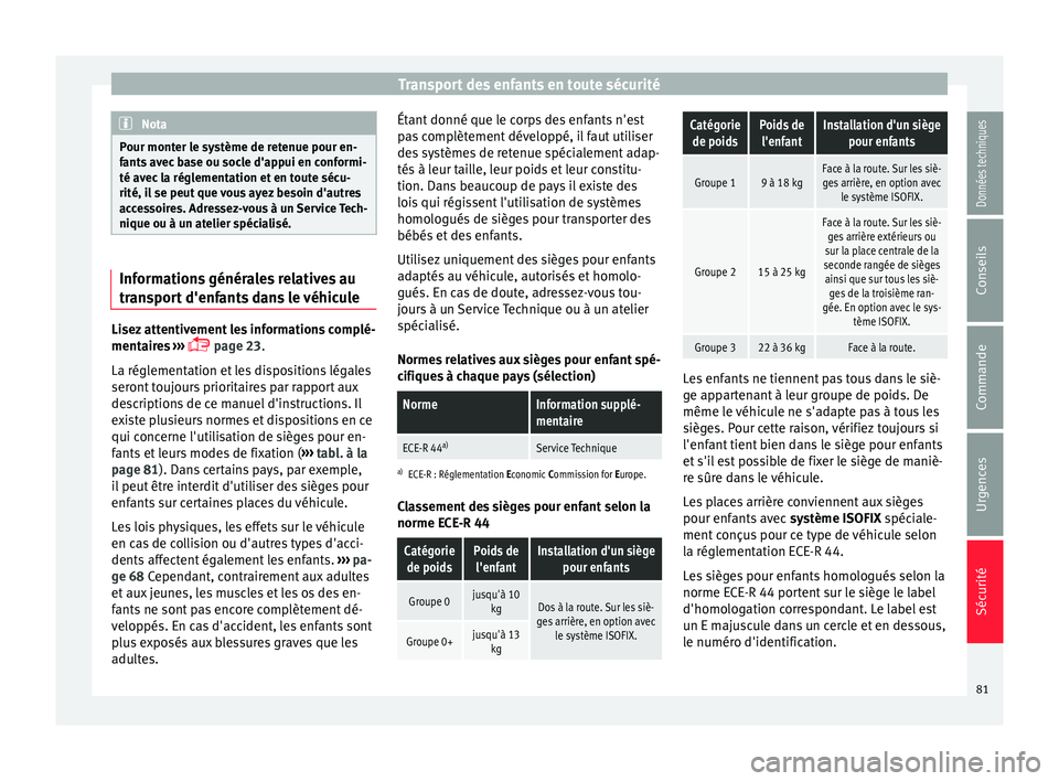 Seat Alhambra 2018 Manuel du propriétaire (in French) Transport des enfants en toute sécurité
Nota
Pour monter le système de retenue pour en-
fant s
avec base ou socle d'appui en conformi-
té avec la réglementation et en toute sécu-
rité, il Seat Alhambra 2018 Manuel du propriétaire (in French) Transport des enfants en toute sécurité
Nota
Pour monter le système de retenue pour en-
fant s
avec base ou socle d'appui en conformi-
té avec la réglementation et en toute sécu-
rité, il