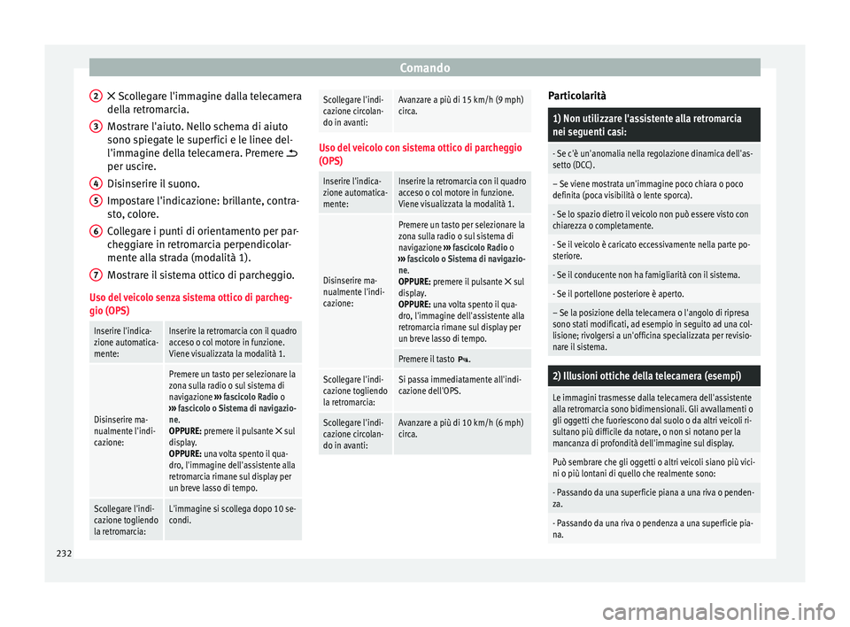 Seat Alhambra 2018 Manuale del proprietario (in Italian) Comando
Sc ollegare l'immagine dalla telecamera
del l
a retromarcia.
Mostrare l'aiuto. Nello schema di aiuto
sono spiegate le superfici e le linee del-
l'immagine della telecamera. Pre Seat Alhambra 2018 Manuale del proprietario (in Italian) Comando
Sc ollegare l'immagine dalla telecamera
del l
a retromarcia.
Mostrare l'aiuto. Nello schema di aiuto
sono spiegate le superfici e le linee del-
l'immagine della telecamera. Pre