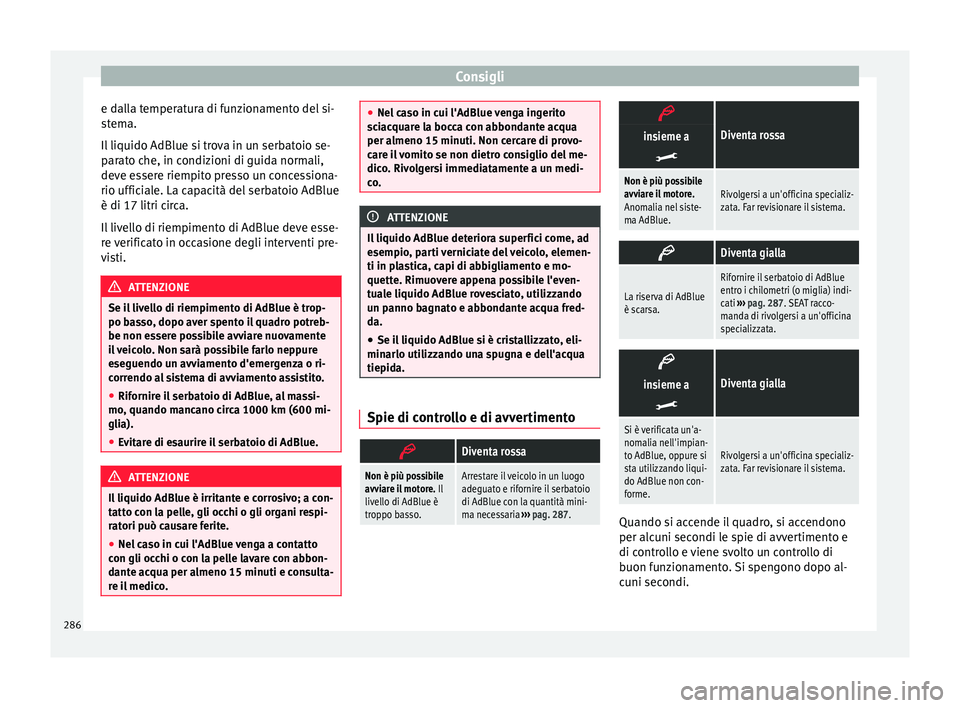 Seat Alhambra 2018 Manuale del proprietario (in Italian) Consigli
e dalla temperatura di funzionamento del si-
s t
em
a.
Il liquido AdBlue si trova in un serbatoio se-
parato che, in condizioni di guida normali,
deve essere riempito presso un concessiona-
r Seat Alhambra 2018 Manuale del proprietario (in Italian) Consigli
e dalla temperatura di funzionamento del si-
s t
em
a.
Il liquido AdBlue si trova in un serbatoio se-
parato che, in condizioni di guida normali,
deve essere riempito presso un concessiona-
r
