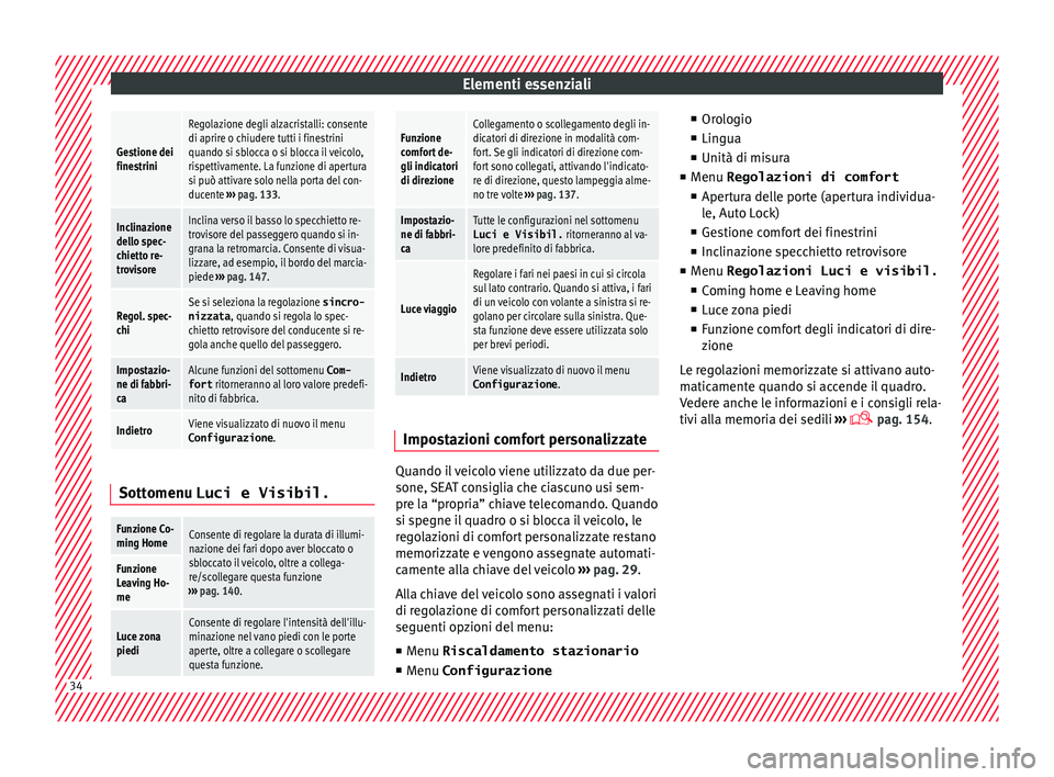 Seat Alhambra 2018  Manuale del proprietario (in Italian) Elementi essenzialiGestione dei
finestrini
Regolazione degli alzacristalli: consente
di aprire o chiudere tutti i finestrini
quando si sblocca o si blocca il veicolo,
rispettivamente. La funzione di a