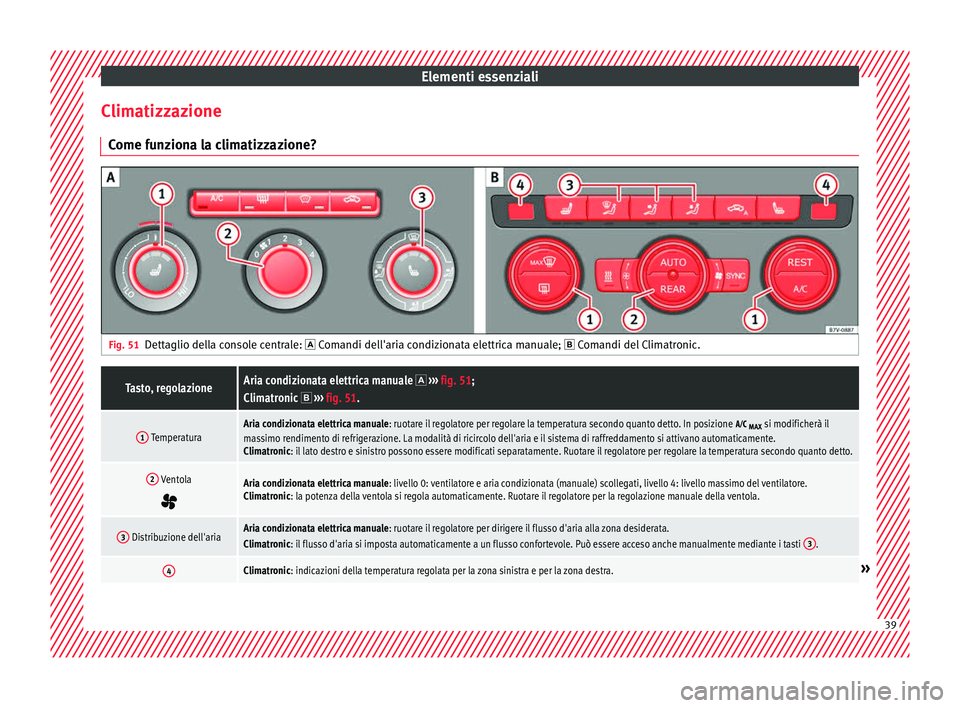 Seat Alhambra 2018  Manuale del proprietario (in Italian) Elementi essenziali
Climatizzazione C ome f
u
nziona la climatizzazione? Fig. 51
Dettaglio della console centrale:  C om
andi del
 l'aria condizionata elettrica manuale;  Comandi del Climatr
