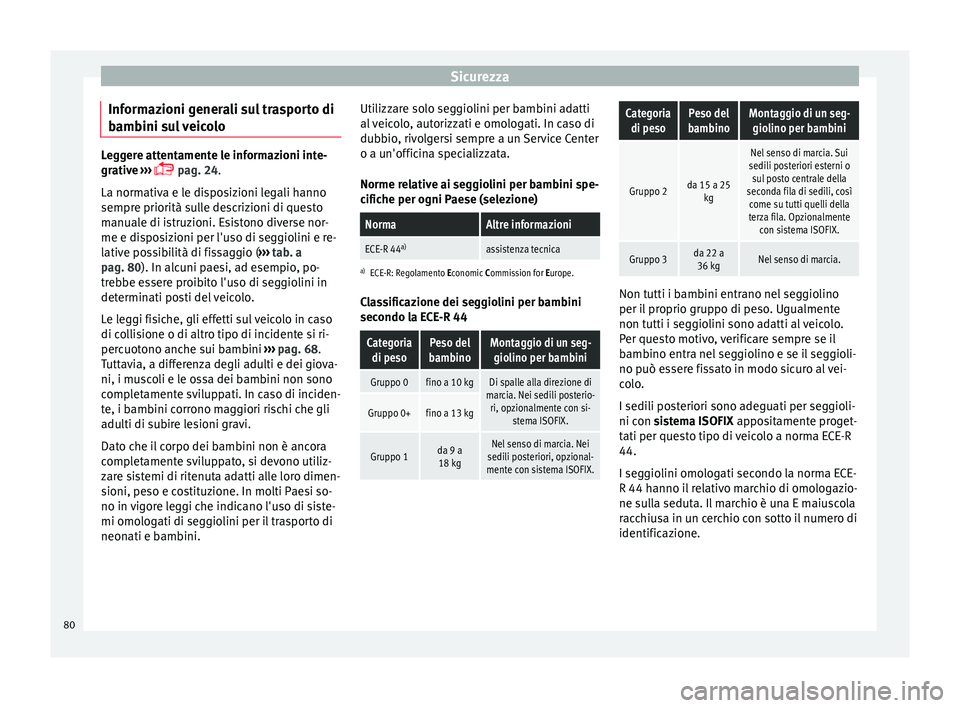 Seat Alhambra 2018  Manuale del proprietario (in Italian) Sicurezza
Informazioni generali sul trasporto di
b amb
ini s
ul veicoloLeggere attentamente le informazioni inte-
grativ
e

 ››› 
 pag. 24.
La normativa e le disposizioni legali hanno
sempre 