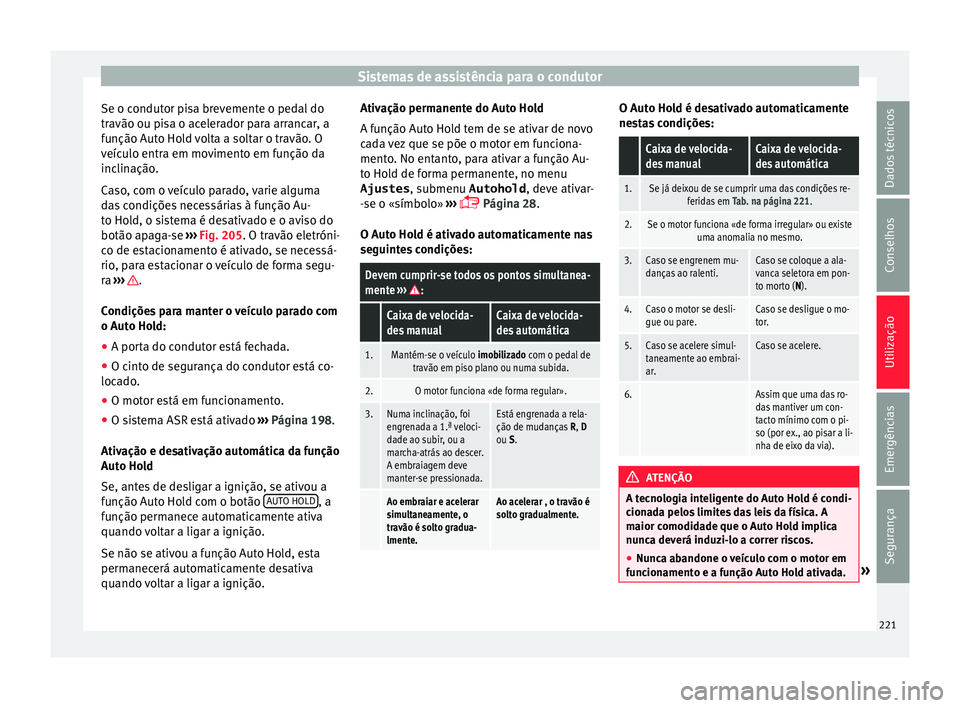 Seat Alhambra 2018 Manual do proprietário (in Portuguese) Sistemas de assistência para o condutor
Se o condutor pisa brevemente o pedal do
tr avão ou pi
s
a o acelerador para arrancar, a
função Auto Hold volta a soltar o travão. O
veículo entra em movi Seat Alhambra 2018 Manual do proprietário (in Portuguese) Sistemas de assistência para o condutor
Se o condutor pisa brevemente o pedal do
tr avão ou pi
s
a o acelerador para arrancar, a
função Auto Hold volta a soltar o travão. O
veículo entra em movi