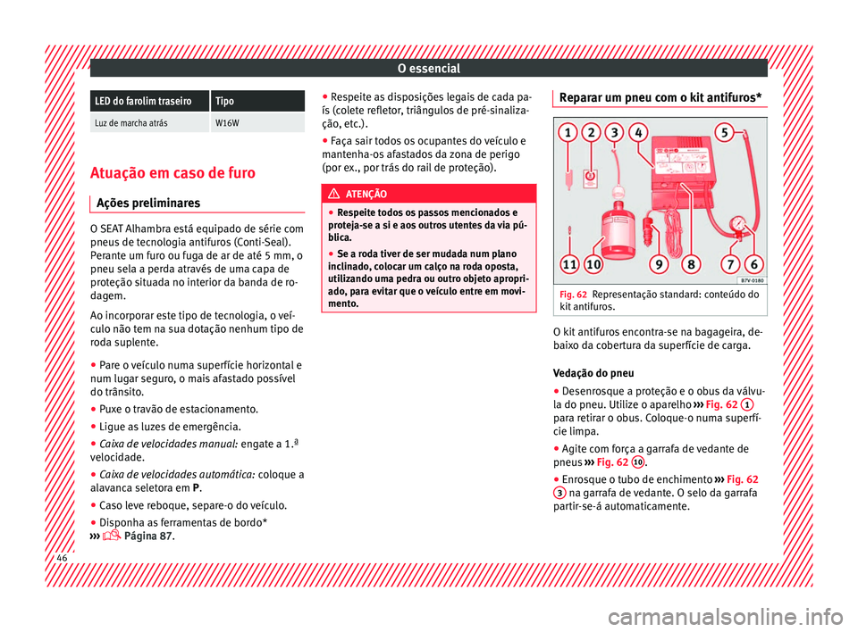 Seat Alhambra 2018  Manual do proprietário (in Portuguese)  O essencialLED do farolim traseiroTipo
Luz de marcha atrásW16W
Atuação em caso de furo
Ações  pr

eliminaresO SEAT Alhambra está equipado de série com
pneus
 de t

ecnologia antifuros (Conti-Se