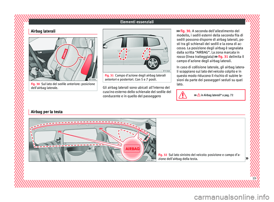 Seat Alhambra 2017 Manuale del proprietario (in Italian) Elementi essenziali
Airbag laterali Fig. 30
Sul lato del sedile anteriore: posizione
del l'airb
ag l
aterale. Fig. 31
Campo d'azione degli airbag laterali
anteriori e po s
teriori. Con 5 e 7 Seat Alhambra 2017 Manuale del proprietario (in Italian) Elementi essenziali
Airbag laterali Fig. 30
Sul lato del sedile anteriore: posizione
del l'airb
ag l
aterale. Fig. 31
Campo d'azione degli airbag laterali
anteriori e po s
teriori. Con 5 e 7