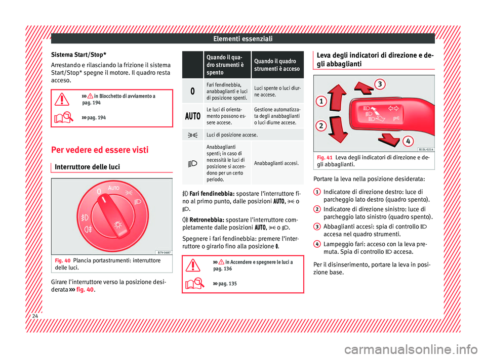 Seat Alhambra 2017 Manuale del proprietario (in Italian) Elementi essenziali
Sistema Start/Stop*
Arr e
s
tando e rilasciando la frizione il sistema
Start/Stop* spegne il motore. Il quadro resta
acceso.
››› in Blocchetto di avviamento a
pag. 194
Seat Alhambra 2017 Manuale del proprietario (in Italian) Elementi essenziali
Sistema Start/Stop*
Arr e
s
tando e rilasciando la frizione il sistema
Start/Stop* spegne il motore. Il quadro resta
acceso.
››› in Blocchetto di avviamento a
pag. 194