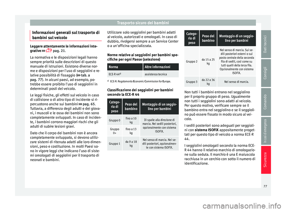 Seat Alhambra 2017 Manuale del proprietario (in Italian) Trasporto sicuro dei bambini
Informazioni generali sul trasporto di
b amb
ini s
ul veicoloLeggere attentamente le informazioni inte-
grativ
e
›››
pag. 21.
La normativa e le disposizioni l Seat Alhambra 2017 Manuale del proprietario (in Italian) Trasporto sicuro dei bambini
Informazioni generali sul trasporto di
b amb
ini s
ul veicoloLeggere attentamente le informazioni inte-
grativ
e
›››
pag. 21.
La normativa e le disposizioni l