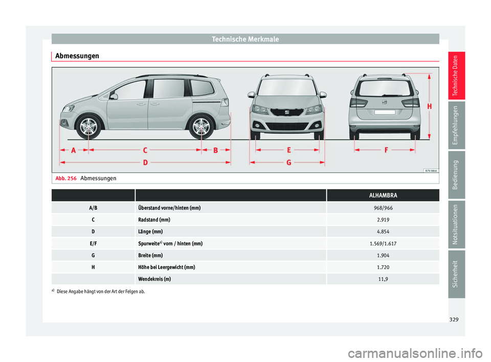 Seat Alhambra 2016  Betriebsanleitung (in German) Technische Merkmale
Abmessungen Abb. 256 
Abmessungen  ALHAMBRA
A/BÜberstand vorne/hinten (mm)968/966
CRadstand (mm)2.919
DLänge (mm)4.854
E/FSpurweitea)
 vorn / hinten (mm)1.569/1.617
GBreite (mm)1