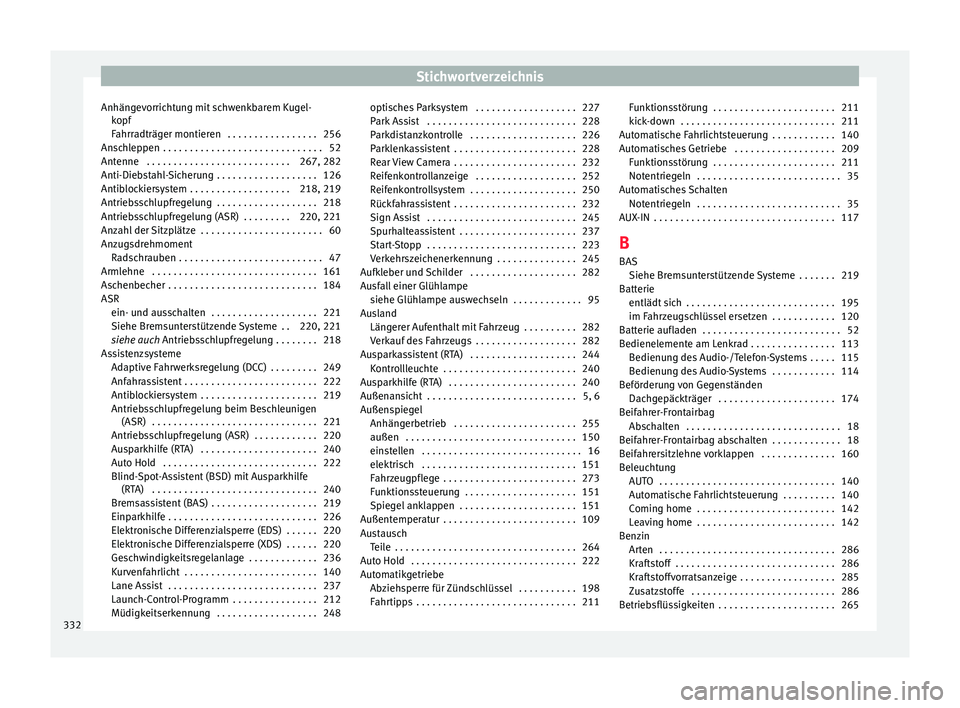 Seat Alhambra 2016 Betriebsanleitung (in German) Stichwortverzeichnis
Anhängevorrichtung mit schwenkbarem Kugel- kopf
F ahrr
adträger montieren . . . . . . . . . . . . . . . . . 256
Anschleppen . . . . . . . . . . . . . . . . . . . . . . . . . . Seat Alhambra 2016 Betriebsanleitung (in German) Stichwortverzeichnis
Anhängevorrichtung mit schwenkbarem Kugel- kopf
F ahrr
adträger montieren . . . . . . . . . . . . . . . . . 256
Anschleppen . . . . . . . . . . . . . . . . . . . . . . . . . .