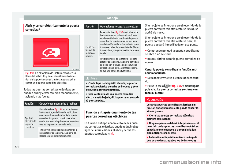 Seat Alhambra 2016 Manual del propietario (in Spanish) Manejo
Abrir y cerrar eléctricamente la puerta
c orr
ediz
a* Fig. 136
En el tablero de instrumentos, en la
l l
av
e del vehículo y en el revestimiento inte-
rior de la puerta corrediza: tecla para Seat Alhambra 2016 Manual del propietario (in Spanish) Manejo
Abrir y cerrar eléctricamente la puerta
c orr
ediz
a* Fig. 136
En el tablero de instrumentos, en la
l l
av
e del vehículo y en el revestimiento inte-
rior de la puerta corrediza: tecla para