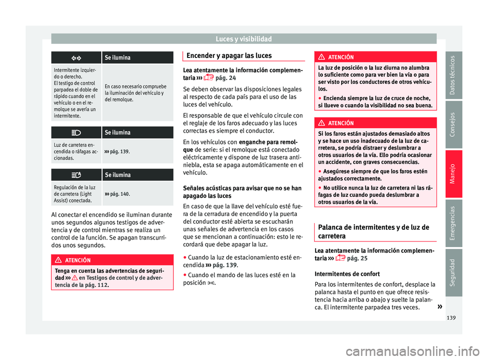 Seat Alhambra 2016 Manual del propietario (in Spanish) Luces y visibilidad
Se ilumina
Intermitente izquier-
do o derecho.
El testigo de control
parpadea el doble de
rápido cuando en el
vehículo o en el re-
molque se avería un
intermitente.
En caso n Seat Alhambra 2016 Manual del propietario (in Spanish) Luces y visibilidad
Se ilumina
Intermitente izquier-
do o derecho.
El testigo de control
parpadea el doble de
rápido cuando en el
vehículo o en el re-
molque se avería un
intermitente.
En caso n