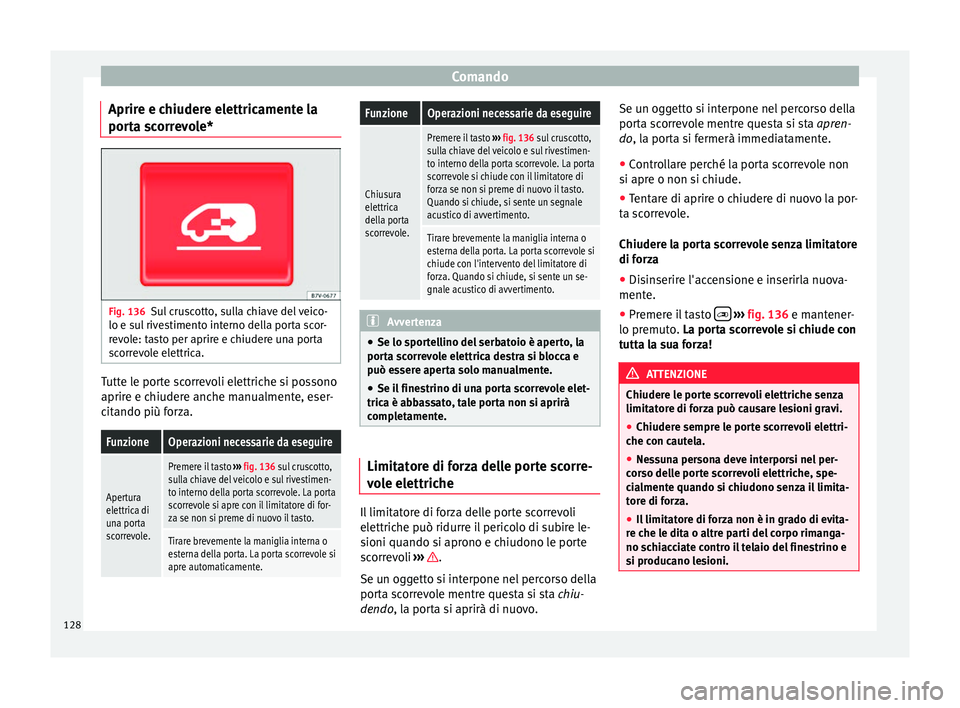 Seat Alhambra 2016  Manuale del proprietario (in Italian) Comando
Aprire e chiudere elettricamente la
por t
a s
correvole* Fig. 136
Sul cruscotto, sulla chiave del veico-
lo e s u
l

 rivestimento interno della porta scor-
revole: tasto per aprire e chiudere
