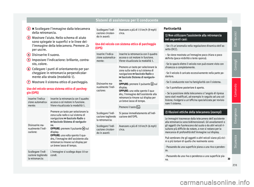 Seat Alhambra 2016  Manuale del proprietario (in Italian) Sistemi di assistenza per il conducente
 Sc ollegare l'immagine dalla telecamera
del l
a retromarcia.
Mostrare l'aiuto. Nello schema di aiuto
sono spiegate le superfici e le linee del-
l