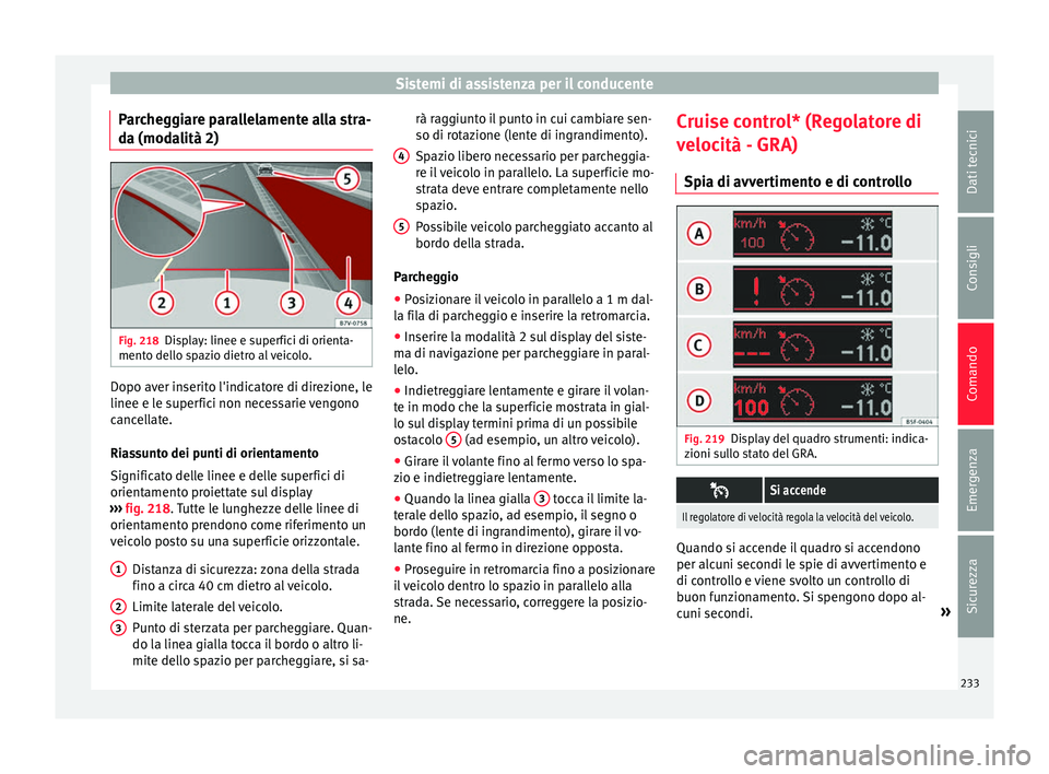 Seat Alhambra 2016  Manuale del proprietario (in Italian) Sistemi di assistenza per il conducente
Parcheggiare parallelamente alla stra-
d a (mod
a
lità 2) Fig. 218
Display: linee e superfici di orienta-
ment o del
lo s

pazio dietro al veicolo. Dopo aver i