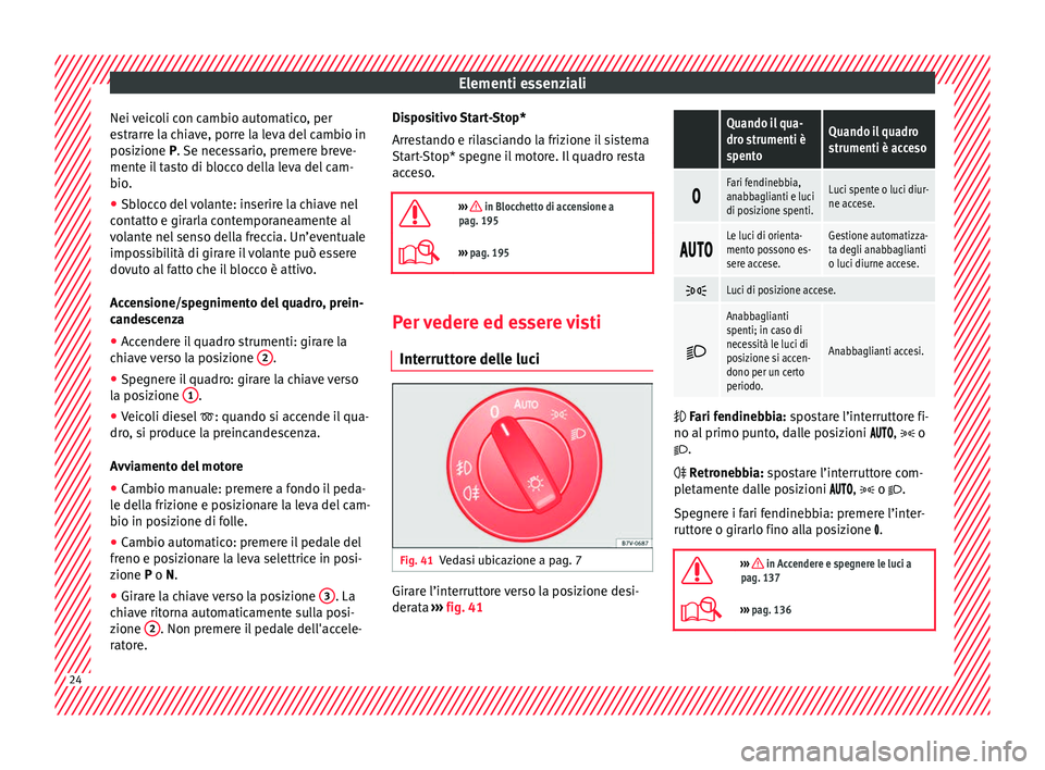 Seat Alhambra 2016  Manuale del proprietario (in Italian) Elementi essenziali
Nei veicoli con cambio automatico, per
e s
tr
arre la chiave, porre la leva del cambio in
posizione P. Se necessario, premere breve-
mente il tasto di blocco della leva del cam-
bi
