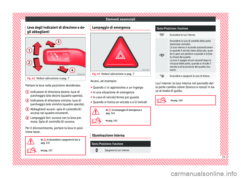 Seat Alhambra 2016  Manuale del proprietario (in Italian) Elementi essenziali
Leva degli indicatori di direzione e de-
gli abb agli
anti Fig. 42
Vedasi ubicazione a pag. 7 Portare la leva nella posizione desiderata:
Indic at
or
e di direzione destro: luce di