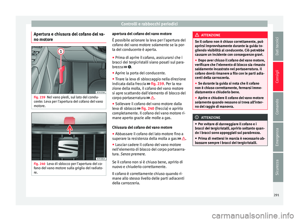 Seat Alhambra 2016  Manuale del proprietario (in Italian) Controlli e rabbocchi periodici
Apertura e chiusura del cofano del va-
no mot or
e Fig. 239
Nel vano piedi, sul lato del condu-
c ent
e: L
eva per l'apertura del cofano del vano
motore. Fig. 240
L