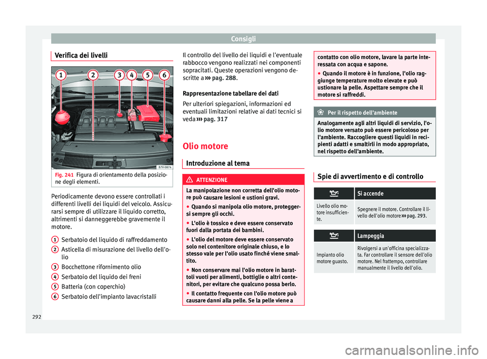 Seat Alhambra 2016  Manuale del proprietario (in Italian) Consigli
Verifica dei livelli Fig. 241
Figura di orientamento della posizio-
ne de gli el
ementi. Periodicamente devono essere controllati i
diff
er
enti liv
elli dei liquidi del veicolo. Assicu-
rars