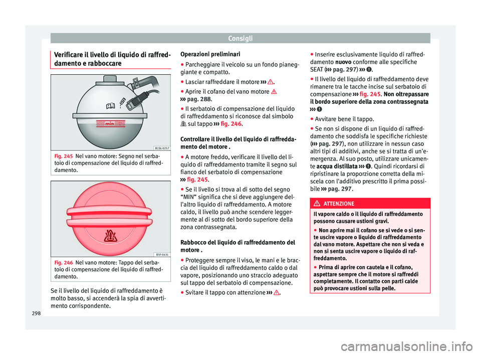 Seat Alhambra 2016 Manuale del proprietario (in Italian) Consigli
Verificare il livello di liquido di raffred-
d ament
o e r
abboccareFig. 245
Nel vano motore: Segno nel serba-
t oio di c
ompen
sazione del liquido di raffred-
damento. Fig. 246
Nel vano mot Seat Alhambra 2016 Manuale del proprietario (in Italian) Consigli
Verificare il livello di liquido di raffred-
d ament
o e r
abboccareFig. 245
Nel vano motore: Segno nel serba-
t oio di c
ompen
sazione del liquido di raffred-
damento. Fig. 246
Nel vano mot