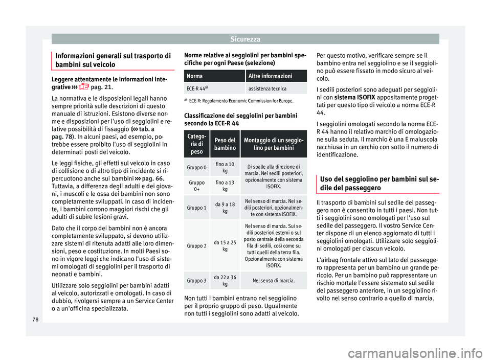 Seat Alhambra 2016  Manuale del proprietario (in Italian) Sicurezza
Informazioni generali sul trasporto di
b amb
ini s
ul veicoloLeggere attentamente le informazioni inte-
grativ
e

 ››› 
 pag. 21.
La normativa e le disposizioni legali hanno
sempre 