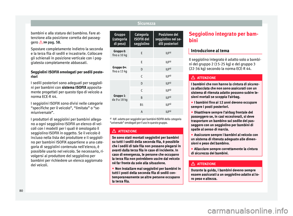 Seat Alhambra 2016  Manuale del proprietario (in Italian) Sicurezza
bambini e alla statura del bambino. Fare at-
t en
z
ione alla posizione corretta del passeg-
gero   ››› pag. 58.
Spostare completamente indietro la seconda
e la terza fila di sedili