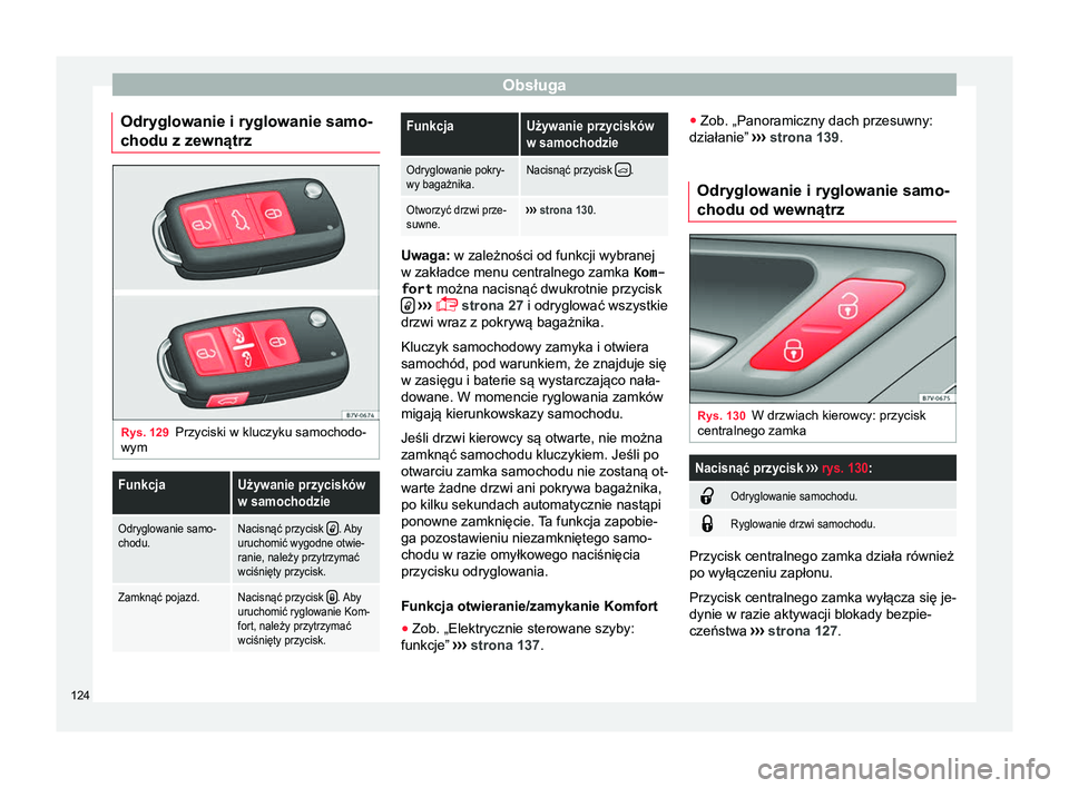 Seat Alhambra 2016  Instrukcja Obsługi (in Polish) Obsługa
Odryglowanie i ryglowanie samo-
chodu z zewnątrz Rys. 129
Przyciski w kluczyku samochodo-
wymFunkcjaUżywanie przycisków
w samochodzie
Odryglowanie samo-
chodu.Nacisnąć przycisk . Aby
