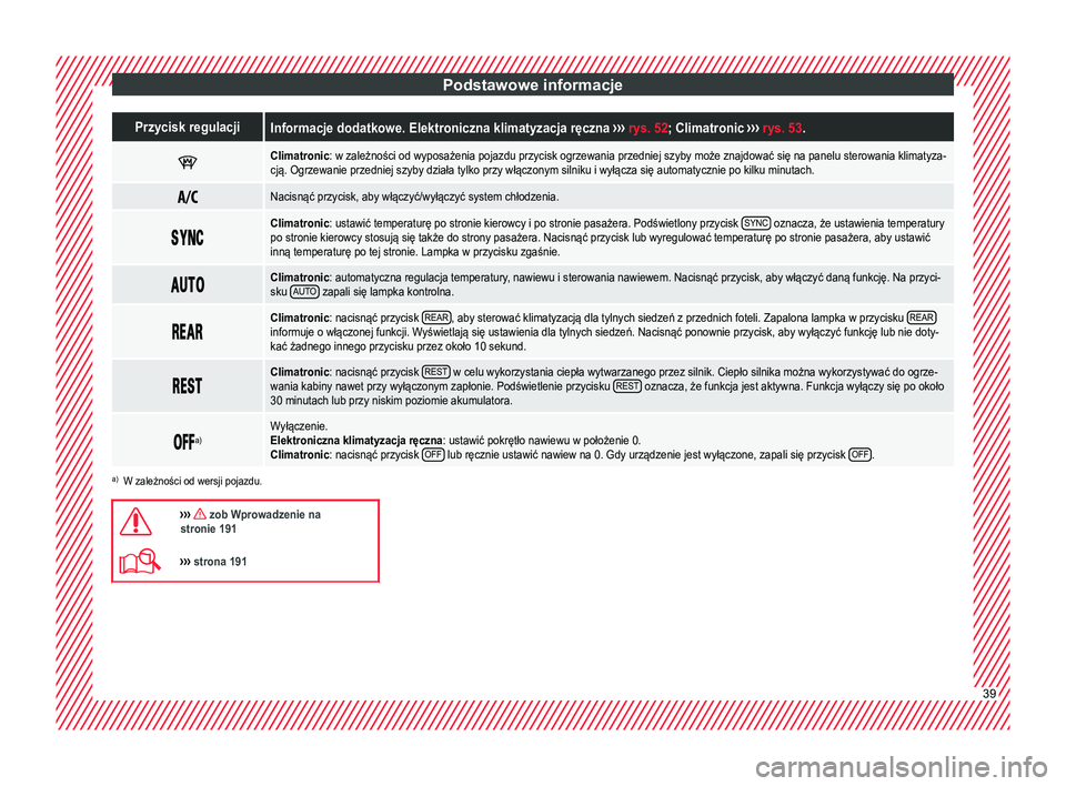 Seat Alhambra 2016 Instrukcja Obsługi (in Polish) Podstawowe informacjePrzycisk regulacjiInformacje dodatkowe. Elektroniczna klimatyzacja ręczna
››› rys. 52 ; Climatronic ››› rys. 53 .
Climatronic: w zależności od wyposażenia po Seat Alhambra 2016 Instrukcja Obsługi (in Polish) Podstawowe informacjePrzycisk regulacjiInformacje dodatkowe. Elektroniczna klimatyzacja ręczna
››› rys. 52 ; Climatronic ››› rys. 53 .
Climatronic: w zależności od wyposażenia po