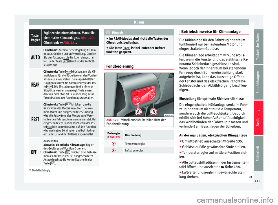 Seat Alhambra 2015 Betriebsanleitung (in German) KlimaTaste,
ReglerErgänzende Informationen. Manuelle,
elektrische Klimaanlage ››› Abb. 120;
Climatronic ››› Abb. 121.
Climatronic: Automatische Regelung für Tem-
peratur, Seat Alhambra 2015 Betriebsanleitung (in German) KlimaTaste,
ReglerErgänzende Informationen. Manuelle,
elektrische Klimaanlage ››› Abb. 120;
Climatronic ››› Abb. 121.
Climatronic: Automatische Regelung für Tem-
peratur,