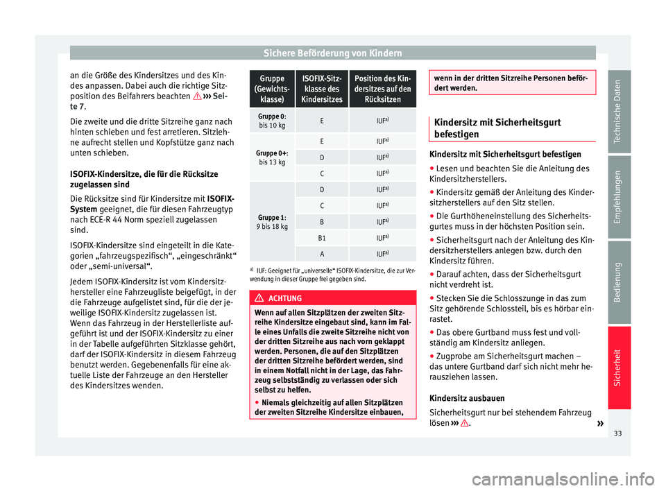 Seat Alhambra 2015 Betriebsanleitung (in German) Sichere Beförderung von Kindern
an die Größe des Kindersitzes und des Kin-
des anpassen. Dabei auch die richtige Sitz-
position des Beifahrers beachten
››› Sei-
te 7.
Die zweite und di Seat Alhambra 2015 Betriebsanleitung (in German) Sichere Beförderung von Kindern
an die Größe des Kindersitzes und des Kin-
des anpassen. Dabei auch die richtige Sitz-
position des Beifahrers beachten
››› Sei-
te 7.
Die zweite und di