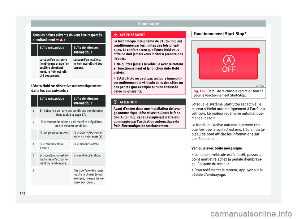 Seat Alhambra 2015  Manuel du propriétaire (in French)  CommandeTous les points suivants doivent être respectés
simultanément 
›››  :
 Boîte mécaniqueBoîte de vitesses
automatique
 Lorsque l'on actionne
l'embrayage et que l'on
accé
