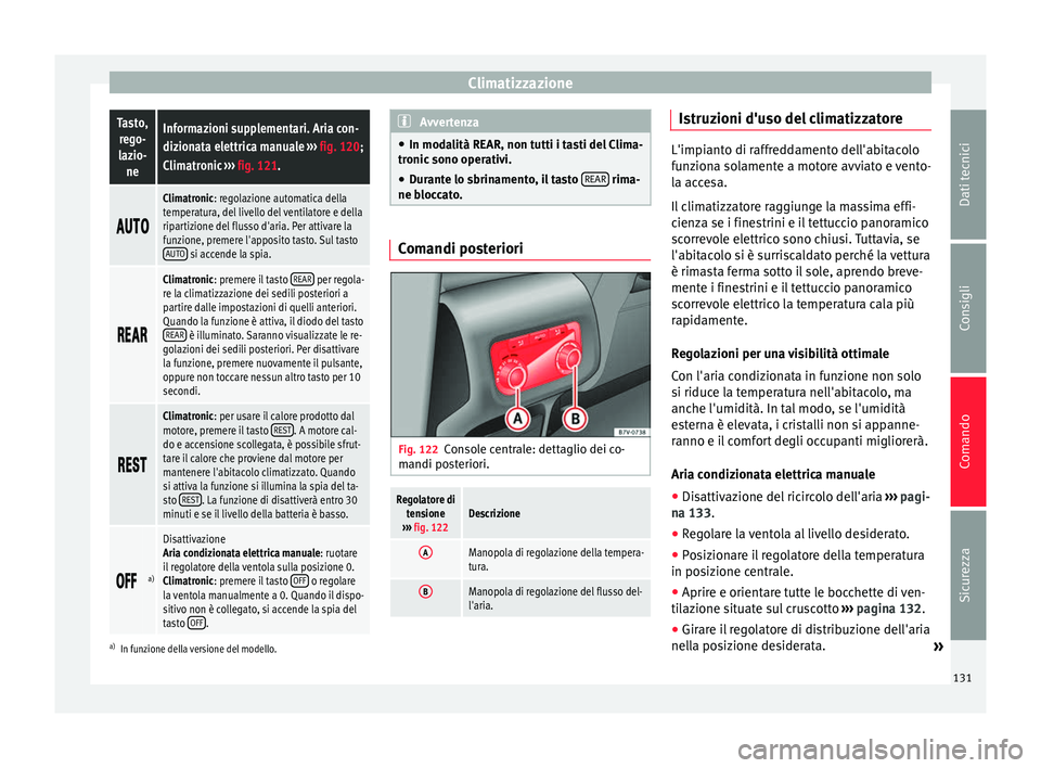 Seat Alhambra 2015  Manuale del proprietario (in Italian) ClimatizzazioneTasto,
rego-
lazio- neInformazioni supplementari. Aria con-
dizionata elettrica manuale  ››› fig. 120;
Climatronic  ››› fig. 121. 
Climatronic: regolazione autom
