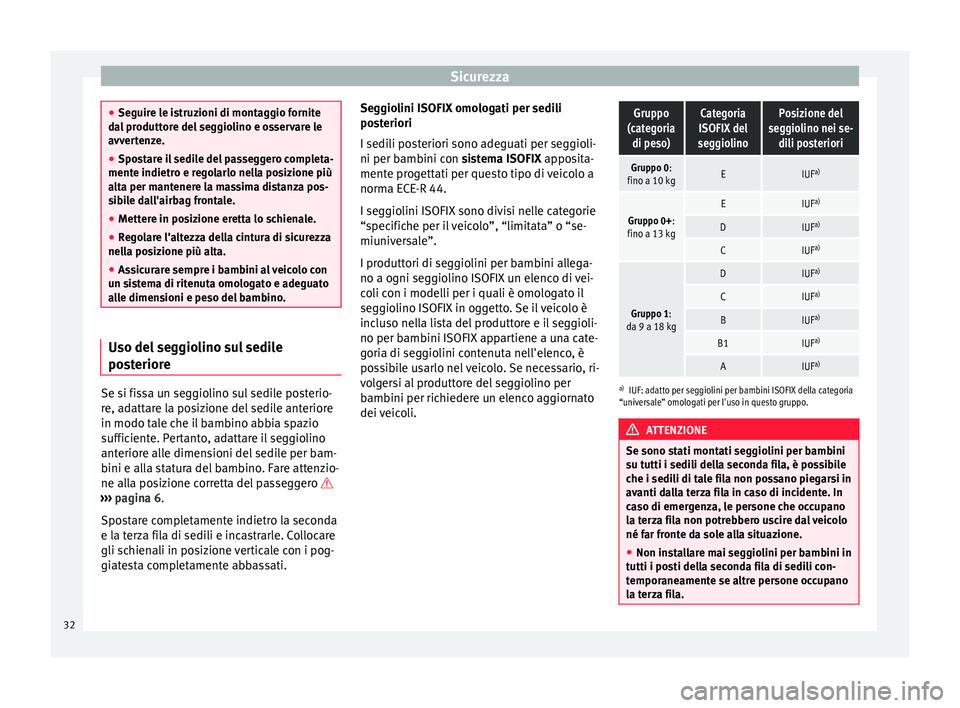 Seat Alhambra 2015  Manuale del proprietario (in Italian) Sicurezza
●
Seguire le istruzioni di montaggio fornite
dal produttore del seggiolino e osservare le
avvertenze.
● Spostare il sedile del passeggero completa-
mente indietro e regolarlo nella posiz