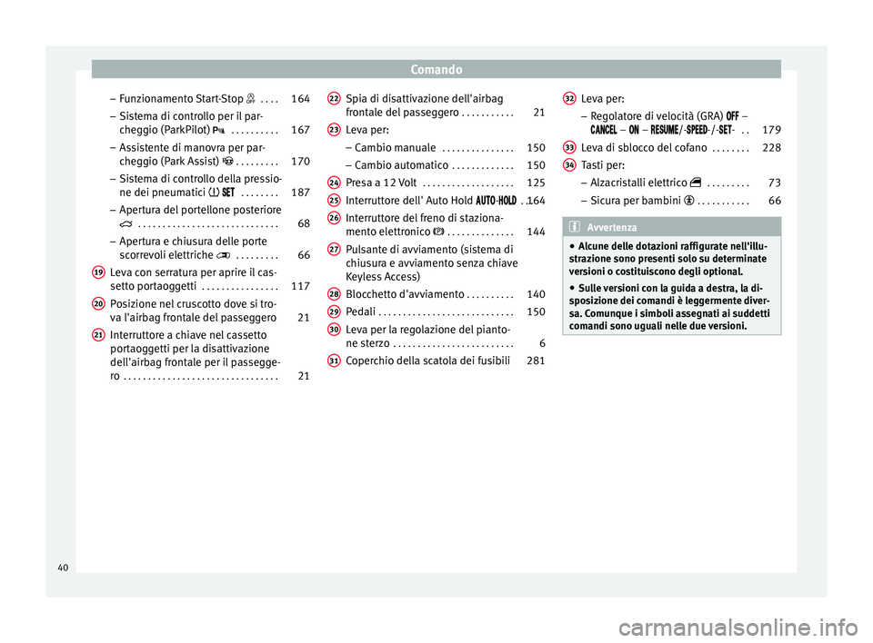 Seat Alhambra 2015  Manuale del proprietario (in Italian) Comando
– Funzionamento Start-Stop   . . . .164
– Sistema di controllo per il par-
cheggio (ParkPilot)  
 . . . . . . . . . . 167
– As s
istente di manovra per par-
cheggio (Park Assist) 