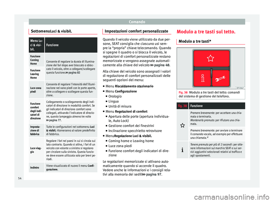 Seat Alhambra 2015  Manuale del proprietario (in Italian) Comando
Sottomenu Luci & visibil.Menu Lu-
ci & visi-
bil.Funzione
Funzione
Coming
Home
Consente di regolare la durata di illumina-
zione dei fari dopo aver bloccato o sbloc-
cato il veicolo, oltre a c