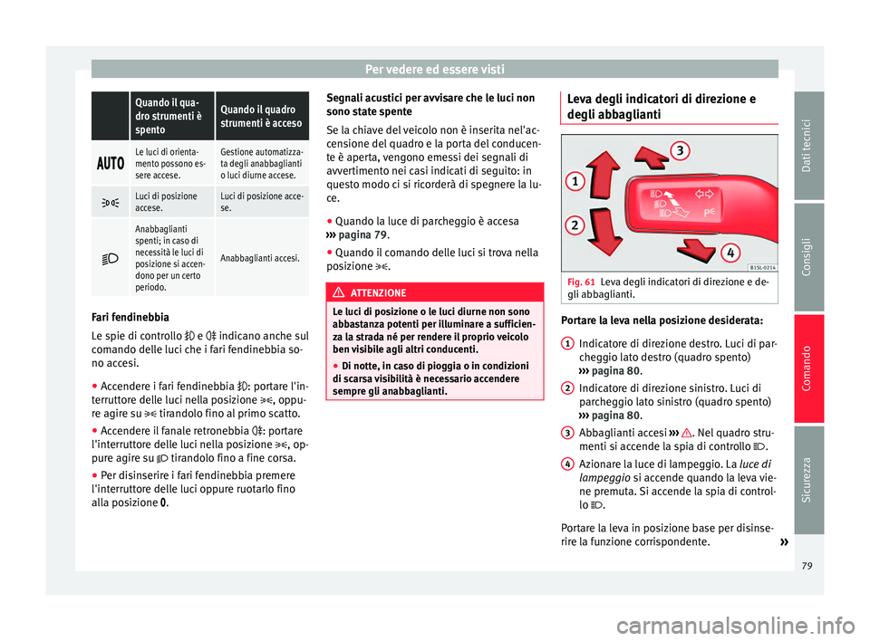 Seat Alhambra 2015  Manuale del proprietario (in Italian) Per vedere ed essere visti Quando il qua-
dro strumenti è
spentoQuando il quadro
strumenti è acceso

Le luci di orienta-
mento possono es-
sere accese.Gestione automatizza-
ta degli anab