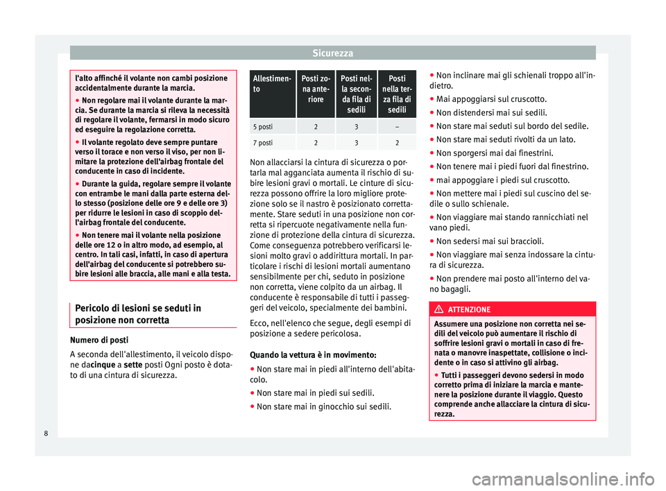 Seat Alhambra 2015  Manuale del proprietario (in Italian) Sicurezza
l'alto affinché il volante non cambi posizione
accidentalmente durante la marcia.
●
Non regolare mai il volante durante la mar-
cia. Se durante la marcia si rileva la necessità
di re