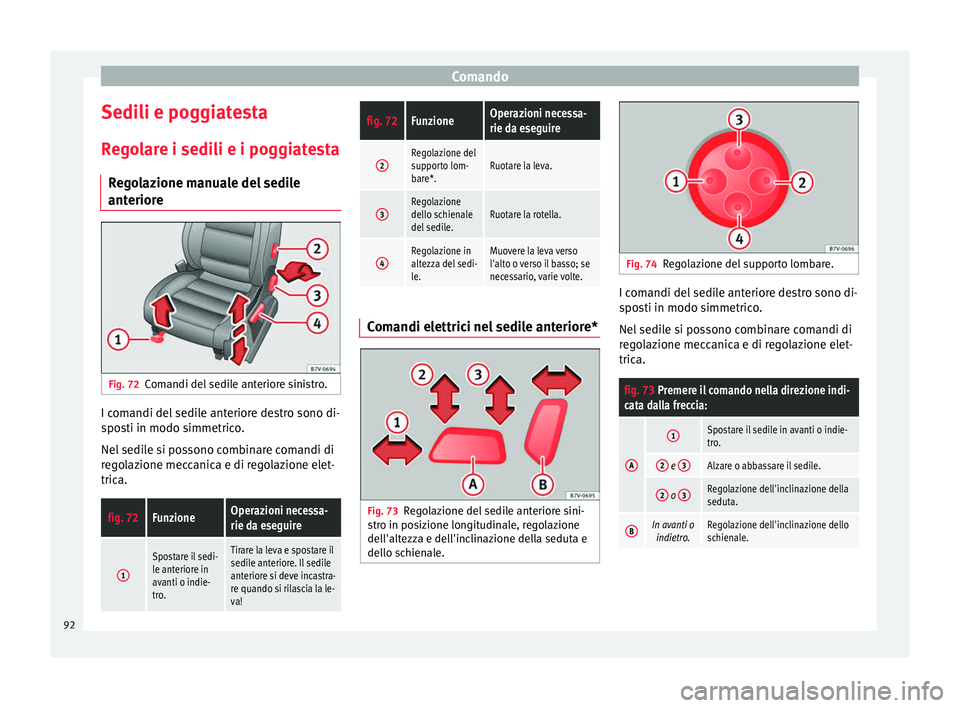 Seat Alhambra 2015  Manuale del proprietario (in Italian) Comando
Sedili e poggiatesta Regolare i sedili e i poggiatesta Regolazione manuale del sedile
anteriore Fig. 72
Comandi del sedile anteriore sinistro. I comandi del sedile anteriore destro sono di-
sp