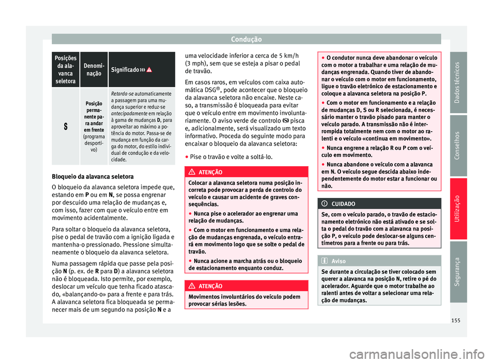 Seat Alhambra 2015  Manual do proprietário (in Portuguese)  ConduçãoPosições
da ala-vanca
seletoraDenomi- naçãoSignificado  ›››  
Posição
perma-
nente pa- ra andar
em frente
(programa desporti- vo)
Retarda-se automaticamente
a passagem para um