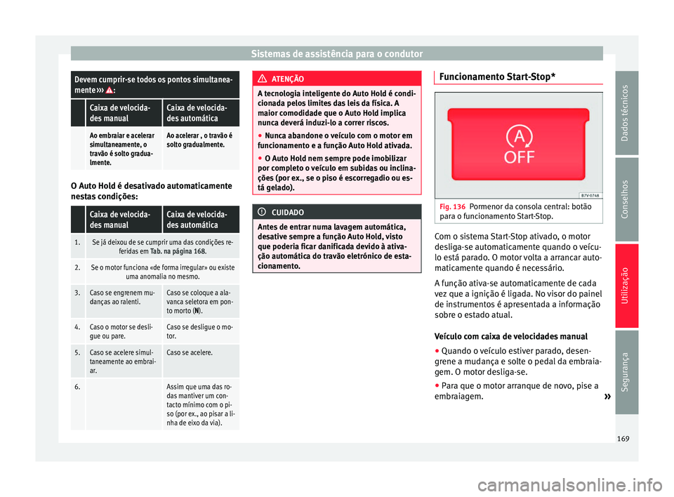 Seat Alhambra 2015  Manual do proprietário (in Portuguese)  Sistemas de assistência para o condutorDevem cumprir-se todos os pontos simultanea-
mente 
››› :
 Caixa de velocida-
des manualCaixa de velocida-
des automática
 Ao embraiar e acelerar
simulta