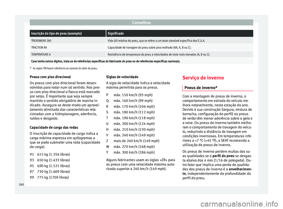 Seat Alhambra 2015  Manual do proprietário (in Portuguese)  ConselhosInscrição do tipo de pneu (exemplo)Significado
TREADWEAR 280Vida útil relativa do pneu, que se refere a um teste standard específico dos E.U.A.
TRACTION AACapacidade de travagem do pneu s