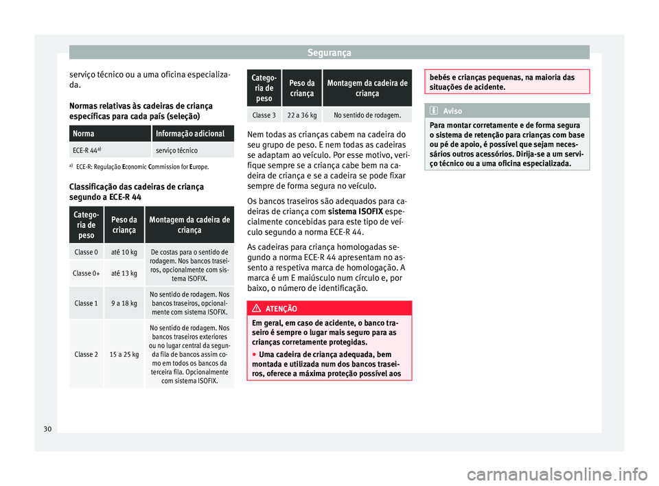 Seat Alhambra 2015  Manual do proprietário (in Portuguese)  Segurança
serviço técnico ou a uma oficina especializa-
da.
Normas relativas às cadeiras de criança
específicas para cada país (seleção)NormaInformação adicional
ECE-R 44 a)serviço técnic