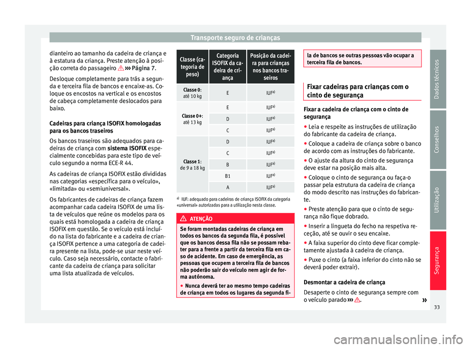 Seat Alhambra 2015  Manual do proprietário (in Portuguese)  Transporte seguro de crianças
dianteiro ao tamanho da cadeira de criança e
à estatura da criança. Preste atenção à posi-
ção correta do passageiro  
 ›››  Página 7.
Desloque complet