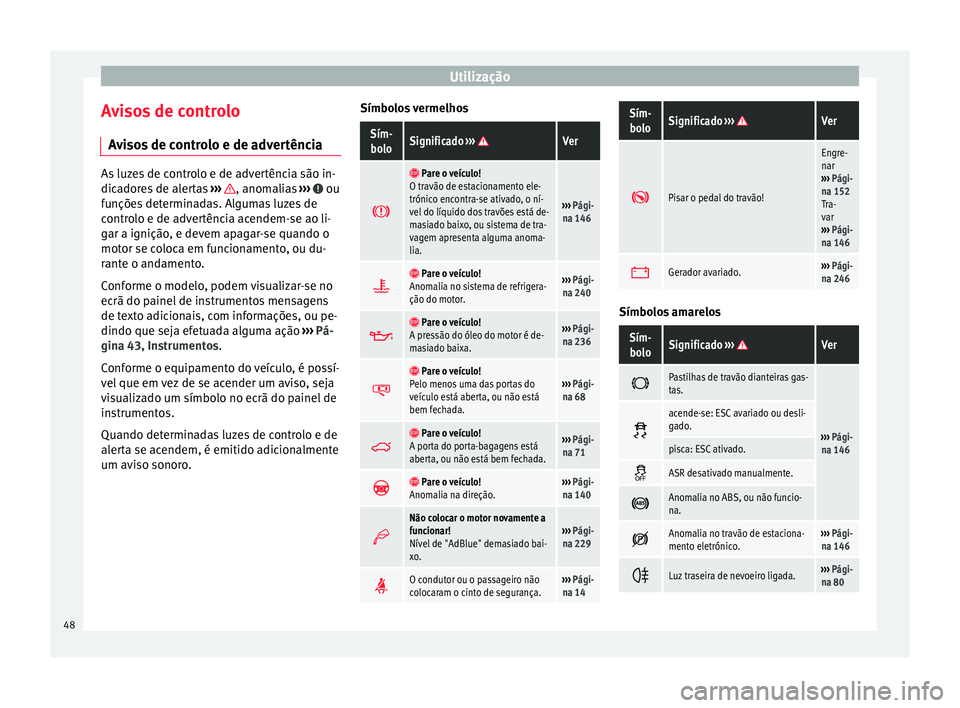 Seat Alhambra 2015  Manual do proprietário (in Portuguese)  Utilização
Avisos de controlo Avisos de controlo e de advertência As luzes de controlo e de advertência são in-
dicadores de alertas 
›››  , anomalias 
›››   ou
funções determinadas