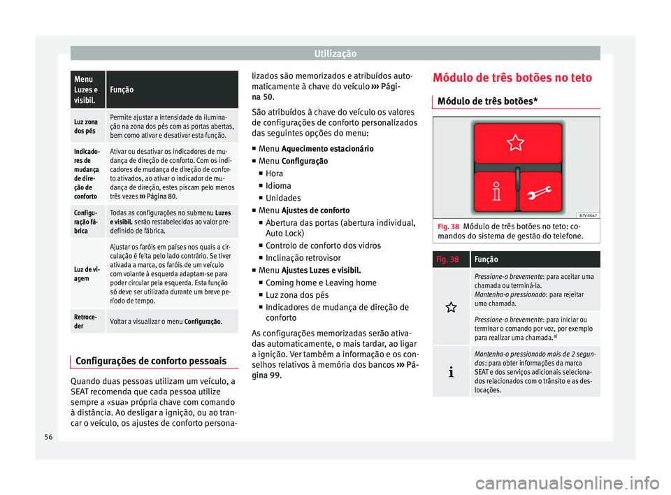 Seat Alhambra 2015  Manual do proprietário (in Portuguese)  UtilizaçãoMenu
Luzes e
visibil.Função
Luz zona
dos pésPermite ajustar a intensidade da ilumina-
ção na zona dos pés com as portas abertas,
bem como ativar e desativar esta função.
Indicado-
