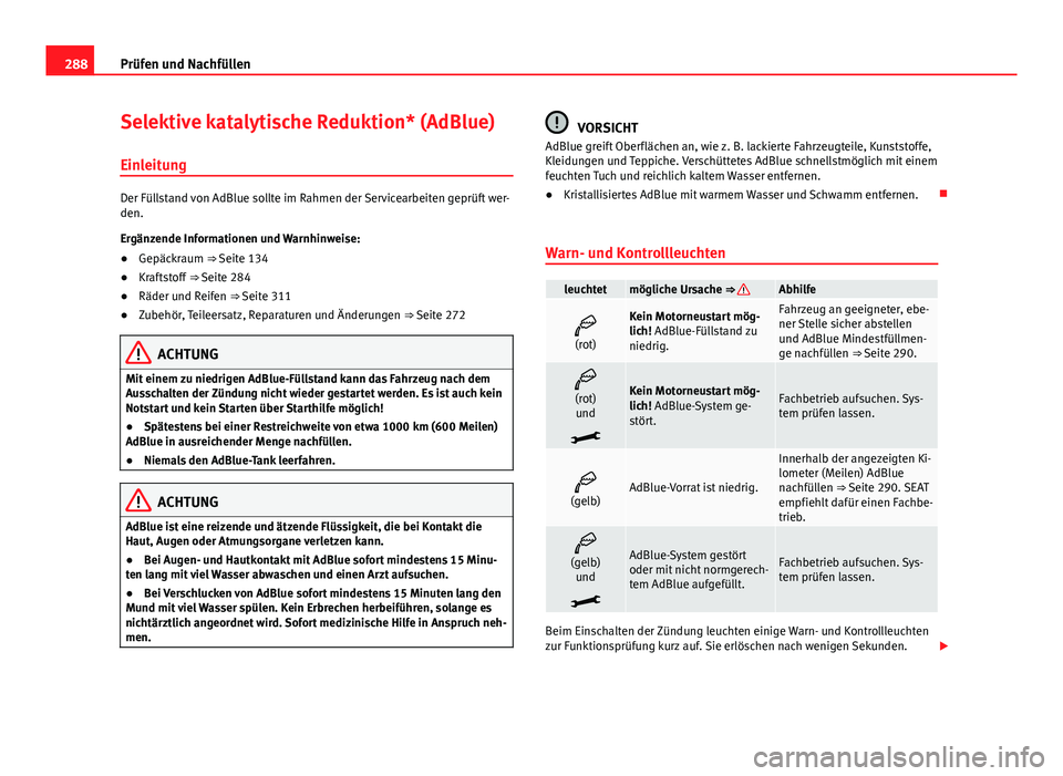 Seat Alhambra 2014 Betriebsanleitung (in German) 288Prüfen und Nachfüllen
Selektive katalytische Reduktion* (AdBlue)
Einleitung
Der Füllstand von AdBlue sollte im Rahmen der Servicearbeiten geprüft wer-
den.
Ergänzende Informationen und Warnhin Seat Alhambra 2014 Betriebsanleitung (in German) 288Prüfen und Nachfüllen
Selektive katalytische Reduktion* (AdBlue)
Einleitung
Der Füllstand von AdBlue sollte im Rahmen der Servicearbeiten geprüft wer-
den.
Ergänzende Informationen und Warnhin