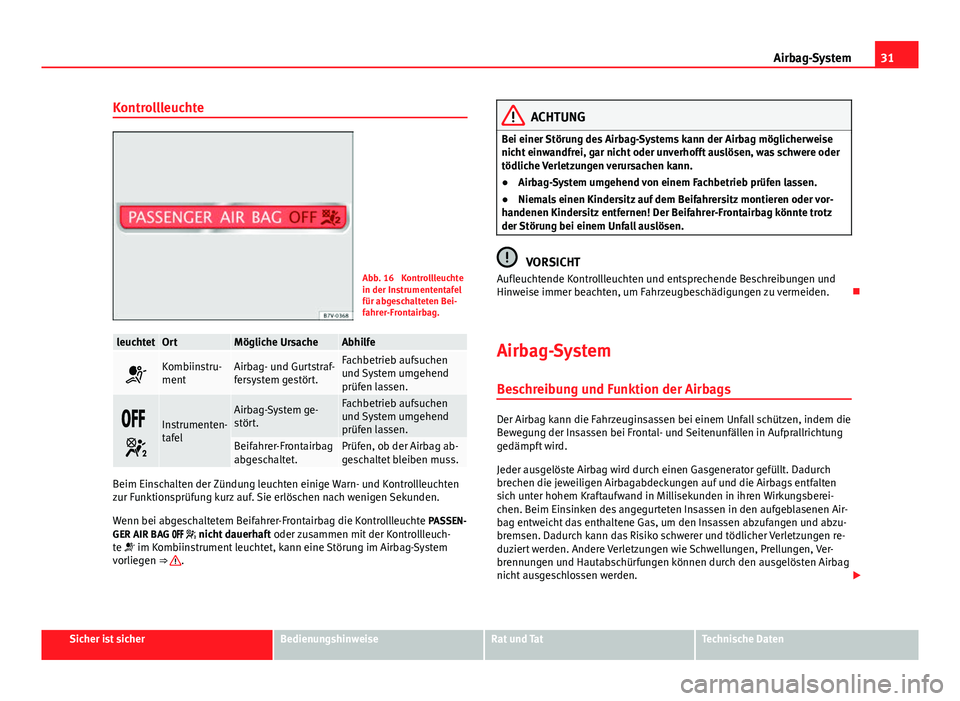 Seat Alhambra 2014 Betriebsanleitung (in German) 31
Airbag-System
Kontrollleuchte
Abb. 16 Kontrollleuchte
in der Instrumententafel
für abgeschalteten Bei-
fahrer-Frontairbag.
leuchtetOrtMögliche UrsacheAbhilfe
Kombiinstru-
mentAirbag- und Gurt Seat Alhambra 2014 Betriebsanleitung (in German) 31
Airbag-System
Kontrollleuchte
Abb. 16 Kontrollleuchte
in der Instrumententafel
für abgeschalteten Bei-
fahrer-Frontairbag.
leuchtetOrtMögliche UrsacheAbhilfe
Kombiinstru-
mentAirbag- und Gurt