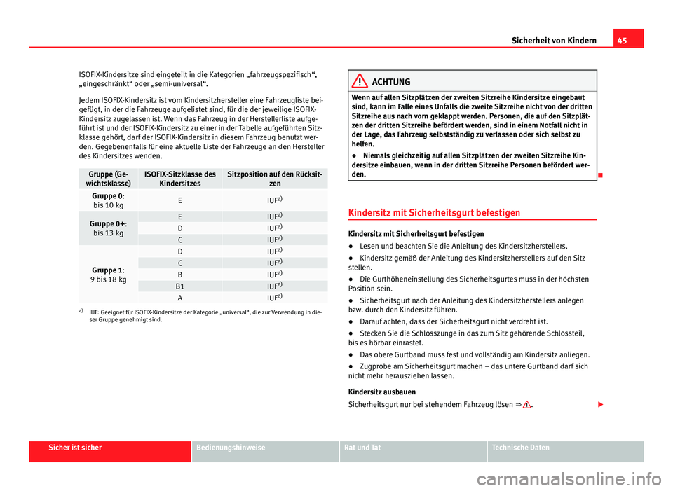 Seat Alhambra 2014 Betriebsanleitung (in German) 45
Sicherheit von Kindern
ISOFIX-Kindersitze sind eingeteilt in die Kategorien „fahrzeugspezifisch“,
„eingeschränkt“ oder „semi-universal“.
Jedem ISOFIX-Kindersitz ist vom Kindersitzherst Seat Alhambra 2014 Betriebsanleitung (in German) 45
Sicherheit von Kindern
ISOFIX-Kindersitze sind eingeteilt in die Kategorien „fahrzeugspezifisch“,
„eingeschränkt“ oder „semi-universal“.
Jedem ISOFIX-Kindersitz ist vom Kindersitzherst