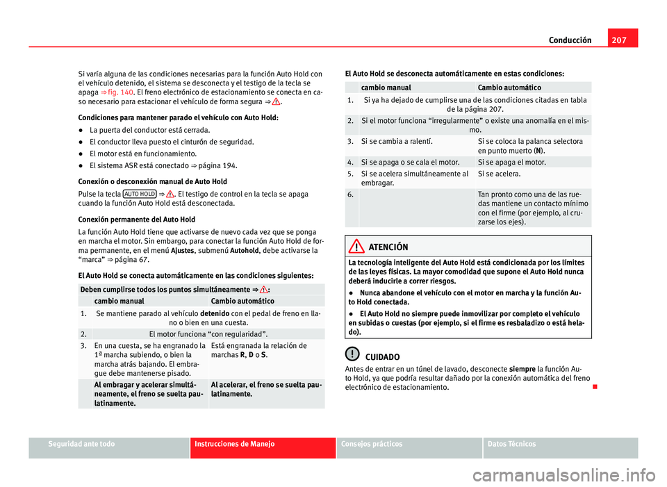 Seat Alhambra 2014  Manual del propietario (in Spanish) 207
Conducción
Si varía alguna de las condiciones necesarias para la función Auto Hold con
el vehículo detenido, el sistema se desconecta y el testigo de la tecla se
apaga ⇒ fig. 140. El freno